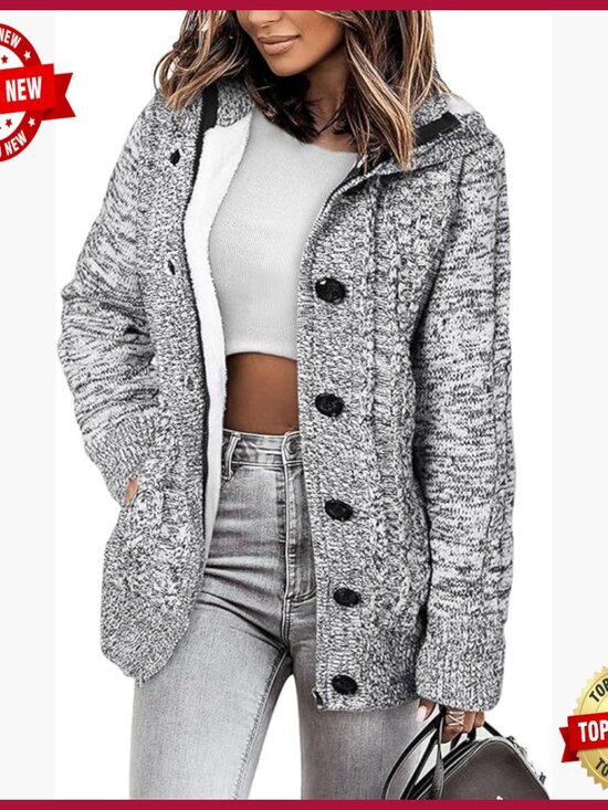 Sweaters - Women's Hooded Cardigan Sweater Fleece Lined Winter Coat Long Sleeve Zip Button